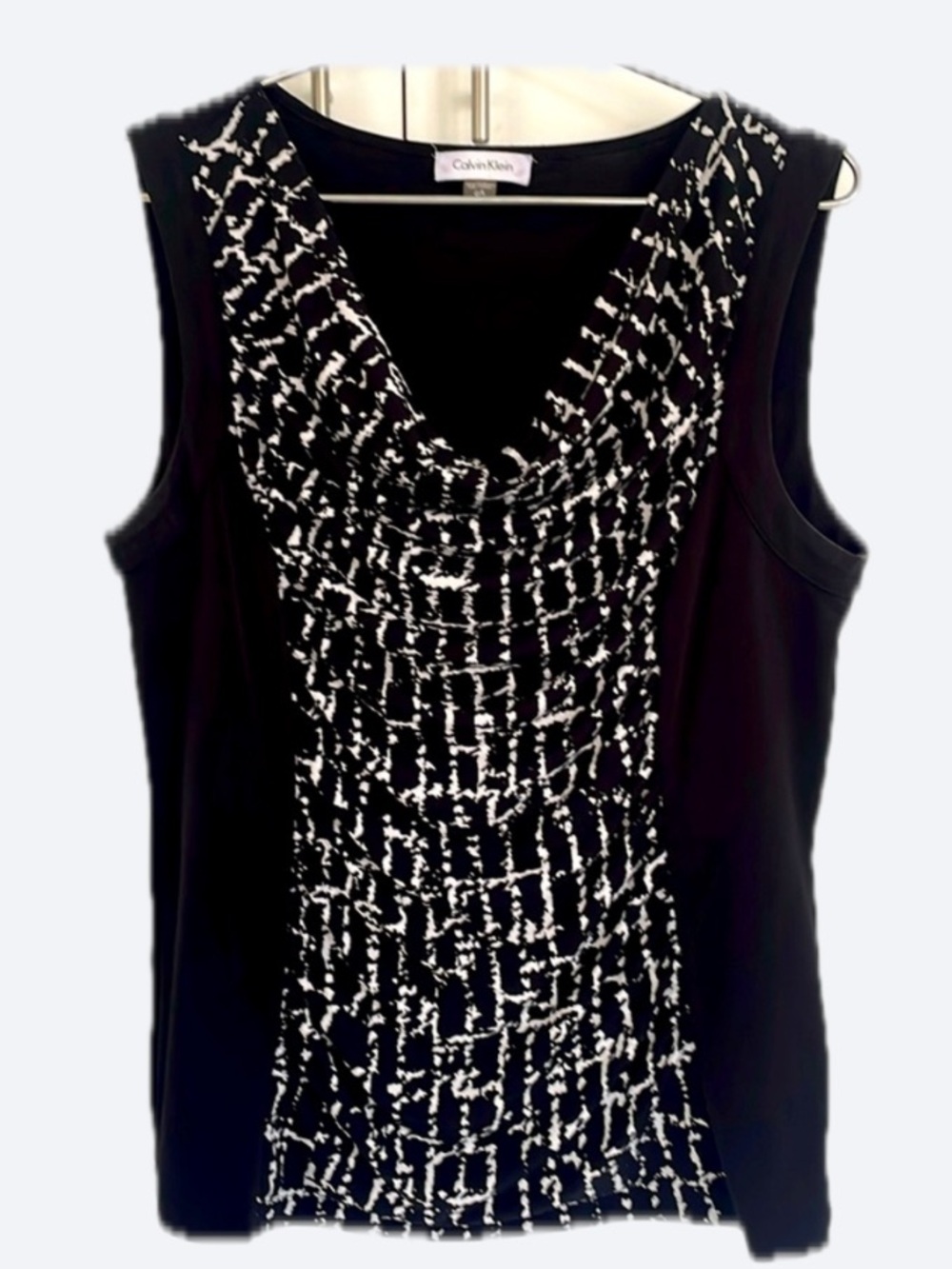 Calvin Klein Black White Print Sleeveless Cowl Neck Stretch Top Blouse Large